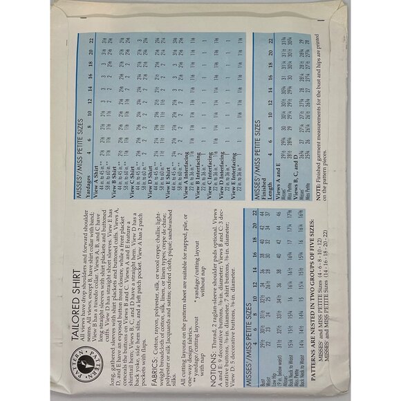 Tailored Shirt Sewing Pattern Misses Sizes 6-22 Includes Petite Options New - Picture 2 of 2